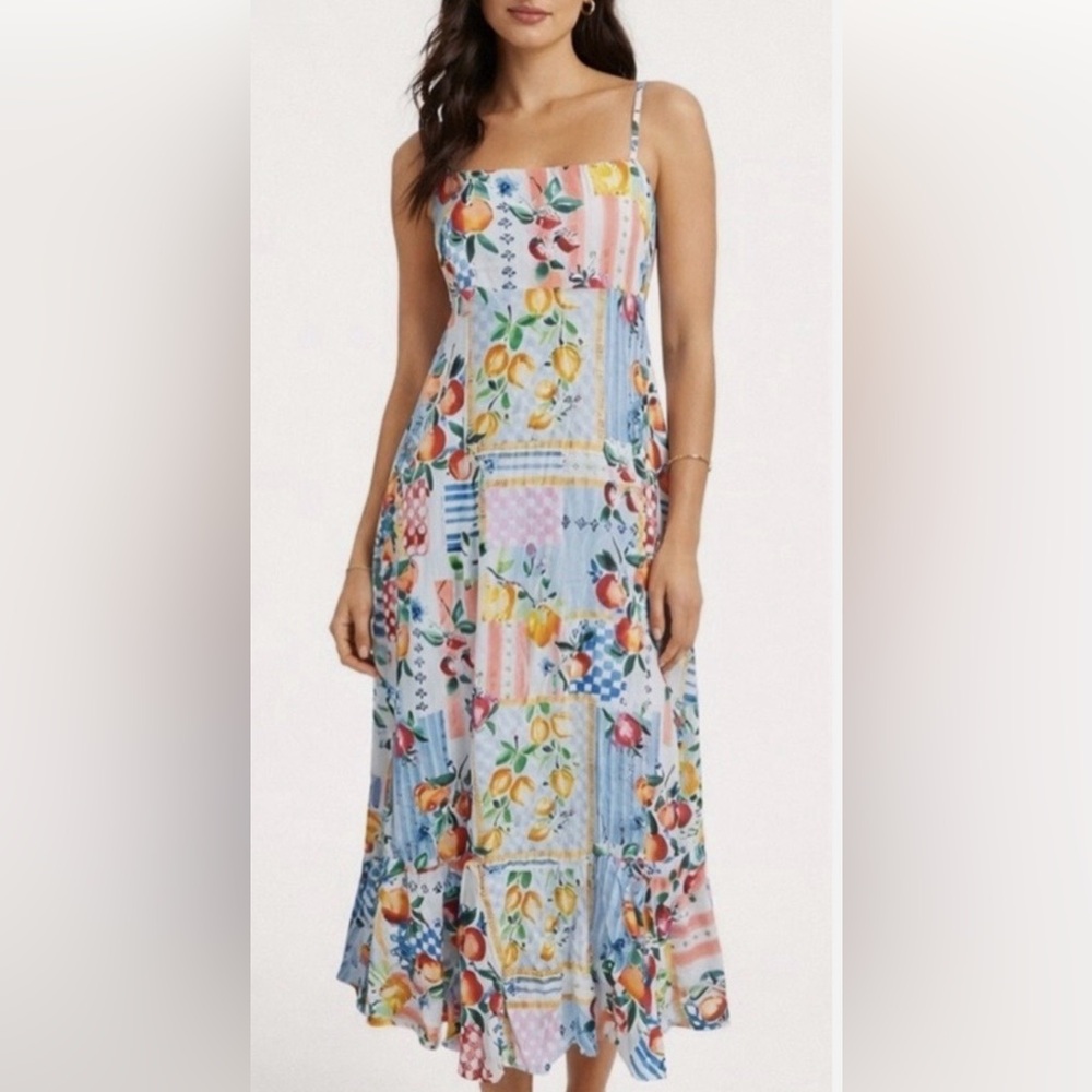 Paper Heart Sunburst Fruit Patchwork Flowy Maxi Dress Sexy Tie Back Summer Large